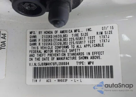 2015 Honda Cr-V Ex-L z USA, uszkodzony, nr VIN 5J6RM4H78FL098684